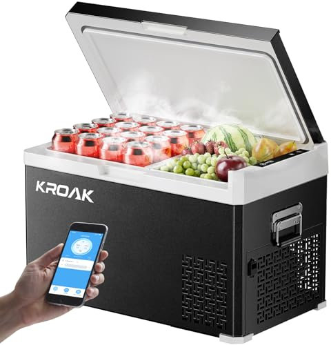 KROAK 30L Kompressor Kühlbox mit App-Steuerung & Dualzone -20°C bis 20°C, Elektrische Kühlbox für Camping/Auto/Wohnmobil, 12/24/230V Kühlbox mit Trennwand