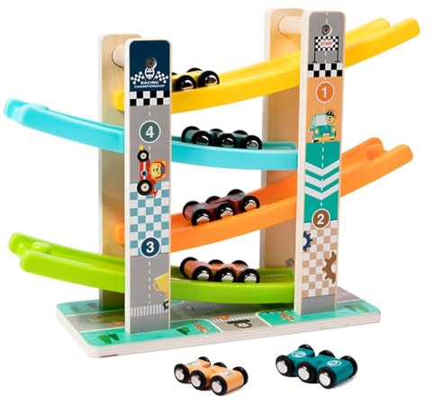 KUKUTrue® Juguetes Montessori 1 2 3, Juguetes Rampa Coche Madera, Juegos Niños 1 Años, Pista de Coches para Niños, Regalo Niño Niña 1-3