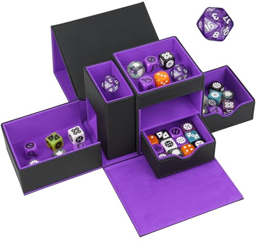 Jaffzora Vassoio per dadi e Torre per lanciare dadi, scatola magnetica per conservare dadi, organizer portadadi in pelle 3 in 1 adatto per Dungeons & Dragons, MTG DM e giocatori, nero e viola