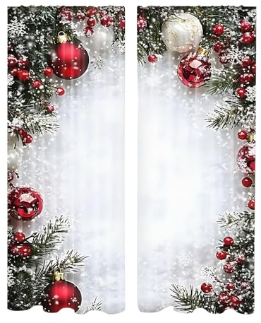 Beiykhera Weihnachtsgardinen Für Wohnzimmer - 2-teilige Kugeldruck Fensterabdeckung - 2D Flach Gedruckt Feiertagsgardinen Mit Schneeflocken- Und Kiefernzweigmuster | Für Schlafzimmer Wohnzimmer