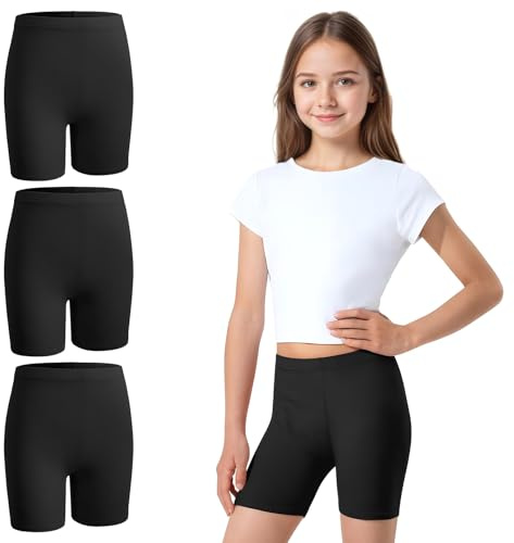 HEUIOP 3 Pack Girls Shorts, Black Cycling Shorts, Breathable Comfortable for Dress Bike Gymnastic Skirts, Ages 10-12