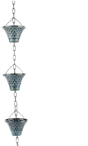 Chaîne de pluie de 2,7 m pour décoration de jardin en extérieur - Bronze bleu fer géométrique - Fixation de gouttière artistique facile à installer (bleu)