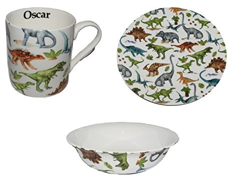 Personalised with Any Name Bone China Dinosaur Breakfast Set- 8 INCH Plate, Mug, and Oatmeal Bowl- Hand Decorated- Personalised to Order