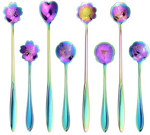 SelfTek 8 Stück Regenbogen Löffel 2 Verschiedene Größen Blumen Set Edelstahl bunt Rührlöffel Kaffeelöffel für Kaffee, Zucker, Eistee,Marmelade und Dessert