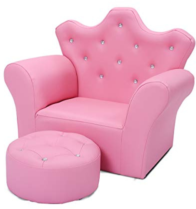 HONEY JOY Kids Sofa, Children Princess Upholstered Couch Armrest Chair with Ottoman, PVC Leather & Embedded Crystal, Toddler Bedroom Furniture for Baby Girl (Pink)