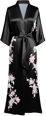 BABEYOND - Bata tipo kimono larga de satén floral para dormir, bata de baño sedosa para despedida de soltera, Negro -, Talla única