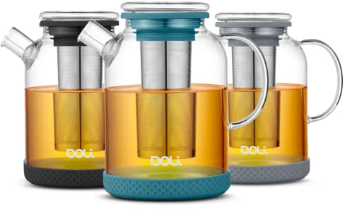 Doli 1,5L Teekanne Glas mit Siebeinsatz Teal - Langes Edelstahl Sieb für pures Aroma - für heiße & kalte Getränke - Spülmaschinenfest - BPA-frei