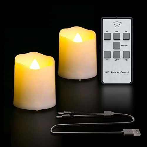 PChero 2pz Candele LED Ricaricabili Senza Fiamma con Timer Remoto Lume di Candela A Batteria Sfarfallio con Cavo di Ricarica USB per Casa Festival Decorazioni per Feste di Natale - Bianco Caldo