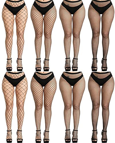 Buauty 8 PCS Black Fishnet Stockings For Women, Thigh Hight Fishnet Tights, Ladies Fish Net Tights Plus Size One Size Fit All