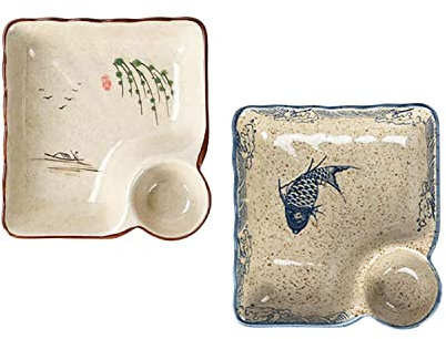 FYUEROPA Ceramic Dumpling Plate, Sushi Dish, Set of 2 (Fish Pattern), 7.5 Inch