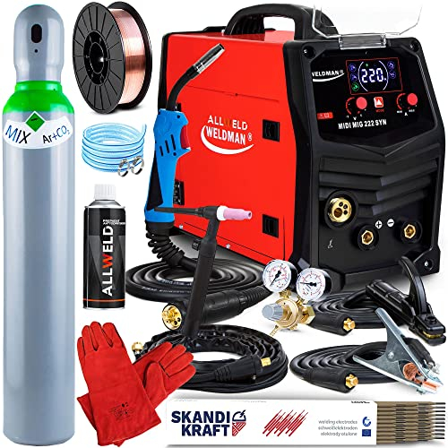 MIDI MIG 222-220A Synergisches MIG MAG Schutzgasschweißgerät mit MIG und WIG-Schweißbrenner inklusive - Funktionen für Fülldraht, MMA und WIG DC-Schweißen, Set: Professional