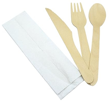 Pack of 100 - Individually Wrapped Mixed Wooden Cutlery Set (Fork, Knife, Spoon + Napkin/Tissue) - Ecofriendly, Compostable and Biodegradable Birch Wood Cutlery Set for Party, BBQ, Picnic & Catering