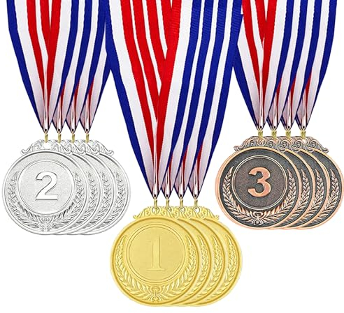 Fhioevt 12 Stück Medaillen für Kinder Gewinner Medaillen Gold Silber Bronze Medaille Metall mit Band Sport 1., 2., 3. Platz Siegermedaillen für Party Spiele Sports Wettbewerbe Auszeichnungen