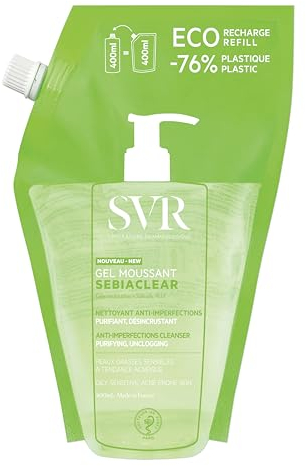 SVR - Sebiaclear Gel Moussant - Nettoyant purifiant anti-imperfections - Pour peaux mixtes à grasses, sensibles et à tendance acnéique - Gluconolactone4%, acide salicylique 0,5%- 400 ml Recharge