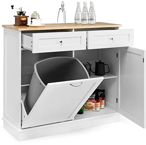 GYMAX Credenza da Cucina, Isola da Cucina con 2 Cassetti, Ripiano Regolabile, Vassoio in Gomma per Sala da Pranzo, Soggiorno, Adatto per Bidone (non incluso) da 42L, 100 x 35 x 90,5 cm (bianco)