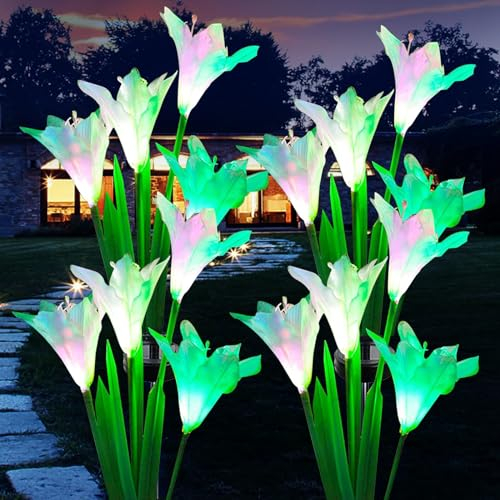 Lampes Solaires d'extérieur, Lot de 4 solaires lys Fleurs à LED avec 7 Couleurs changeantes - pour Jardin, terrasse, Cour, allée, fête, clôture de Mariage - Blanc