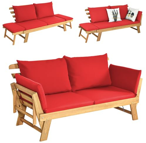 KOMFOTTEU Gartenbank aus Akazienholz, Liegestuhl mit Auflage, Sonnenliege mit Beiden Seiten verstellbar, Multifunktionsbank für Garten, Terrasse & Balkon (Rot)