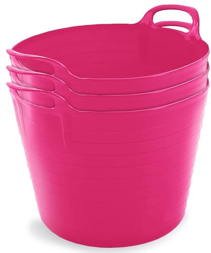 Neat Plastics 42L Flexi Tubs 3 Packs - Versatile Large Garden Tubs with Handles, Handy Builders Buckets Heavy Duty, Ideal Bath Bucket & Flexi Bucket, Durable Flexible Buckets for Home & Garden (Pink)
