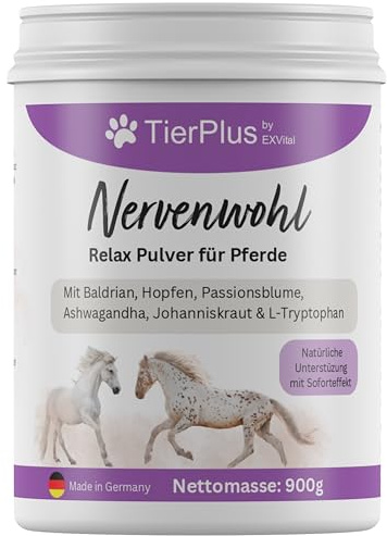 TierPlus Nervenwohl Relax Pulver für Pferde, mit Mit Baldrian, Hopfen, Leinöl, Passionsblume, Ashwagandha, Johanniskraut & L-Tryptophan, 900g Dose, hochdosiert & mit Soforteffekt!