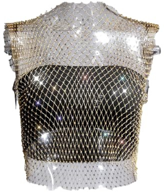 BrightGlow Vest Transparent en Maille Filet pour Femme Top en Cristal en Maille Top à Paillettes avec Strass en Maille Filet Top de Bikini Couvrant Sexy Transparent en Maille pour Nightclub, S