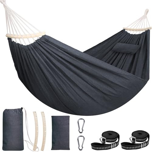 Chihee Hängmatta av bomull mjuk 300 x 150 cm, andningsbar campinghängmatta lastkapacitet upp till 300 kg bärbara hängmattor med avtagbar spridningsstång kudde2 starka remmar 2 karbinhakar
