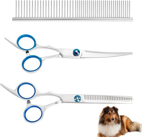 Dreiteiliges Hundescheren-Set, Hundepflege Schere Mit Gebogenen Kopf,Geeignet Für Hunde, Katzen Und Andere Haustiere, Beinhaltet Trimmschere, Ausdünnschere Und Einen Pflegekamm (Blau, 3-In-1)