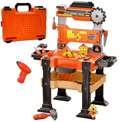 CATCHLUCK Kids Tool Bench Set with Realistic Electric Drill, Kids Workbench & Tool Box in One Design, Toys for 3 4 5 6 Year Old Boys