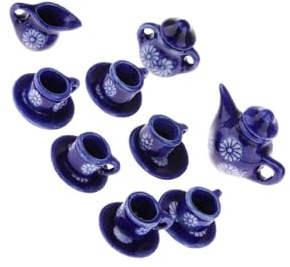 rongweiwang Juego de té y café en Miniatura de 15 Piezas para casa muñecas, vajilla Comedor con Juego té Porcelana Azul Oscuro, Tetera, platillo, Taza para muñecas, Tetera, y platillo,