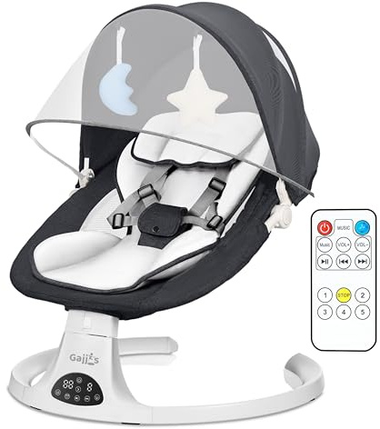 Baby Bouncer, Portable Electric Baby Swing with Bluetooth, 5 Swing Speed, 3-Stage Timer, 5-Point Harness, Remote Control & Touch Panel, Bouncer from Birth with 2 Soft Toys & Soft Pillow (Black)