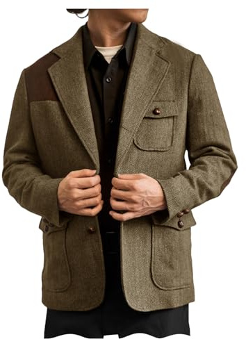 Vintage Tweed Patch Blazer Herringbone Hunting Sport Coat with Shoulder & Elbow Patches for Spring Brown 2XL