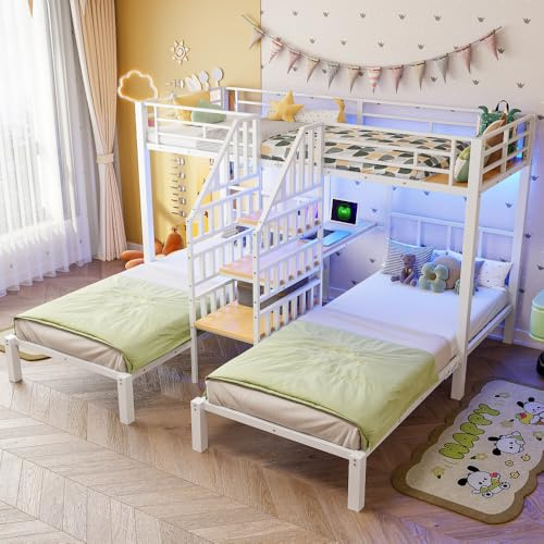 Wyibwy Letto a castello per 3 persone 90 x 200 cm, con striscia luminosa a LED, scale di stoccaggio, con 2 porte USB + 1 presa, con scrivania, con ripiano, letto per ragazzi, senza materasso, Bianco