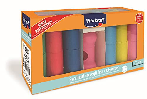 Vitakraft - Pack de Bolsas Higiénicas de Colores con Dispensador en Forma de Hueso - 24 Rollos de 20 Unidades