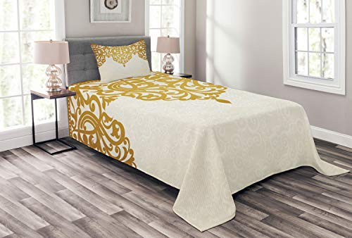 ABAKUHAUS viktorianisch Tagesdecke Set, Mittelalterliche Barock-Kunst, Set mit Kissenbezügen Waschbar, für Einzelbetten 170 x 220 cm, Hellbraun Creme