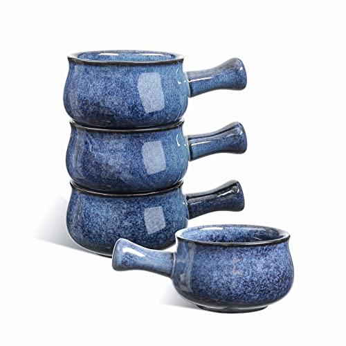 vicrays Lot de 4 bols à soupe à l'oignon français avec poignées, 780 ml pour soupe, piment, ragoût de bœuf, résistants aux éclats, passent au lave-vaisselle et au micro-ondes (bleu)