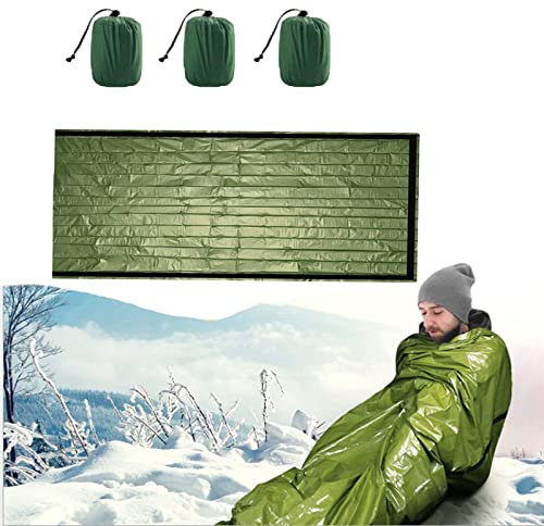 Sac de couchage de survie, sac de bivouac d'urgence, couverture de sauvetage d'urgence, couverture réutilisable pour le camping, la randonnée, les festivals, les activités de plein air, vert 3 pièces