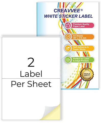 Creavvee 2 étiquettes par feuille 25 feuilles A4 imprimables papier autocollant blanc pour imprimantes laser/jet d'encre fabriqué en Europe - Taille des stickers (A5) 210x148mm