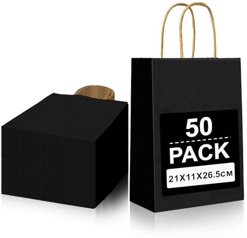 Gucass 50 Pezzi Nera Sacchetti Carta con Manici, Medi Borse Carta Kraft Sacchetti da Regalo Carta, 21x11x27cm, Shopper in Kraft Carta Borsa Regalo, per Feste Compleanno Natale Matrimoni Shopping