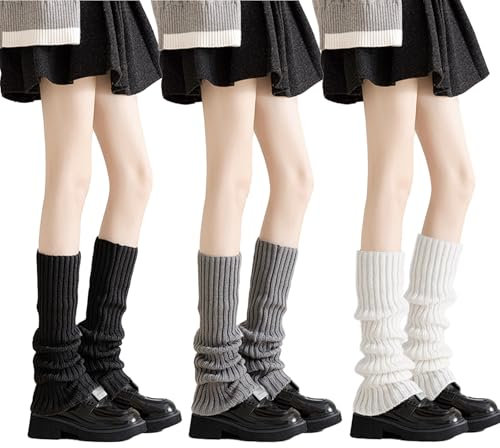 GWAWG 3 Paar Beinwärmer, gestrickte Knöchelwärmer 80er Jahre für Mädchen Damen, Schwarz Weiß Grau Kniewärmer, Winter Schlicht Gerippte Stiefelmanschetten Warm für Eislaufen Yoga Party Tanz
