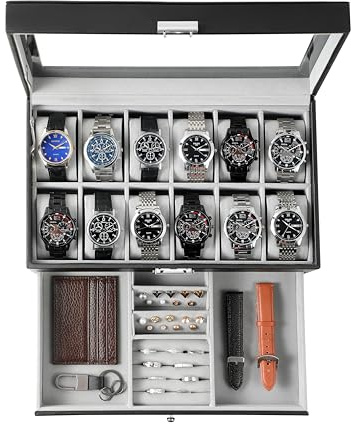 KILHS Uhrenbox für 12 Uhren,2-stöckige Watch Box mit Glasdeckel & Schublade,Uhrenbox Herren mit Schlüsselschloss – Perfektes Männergeschenk für Ringe,Manschettenknöpfe & Uhren,Schwarz & Grau
