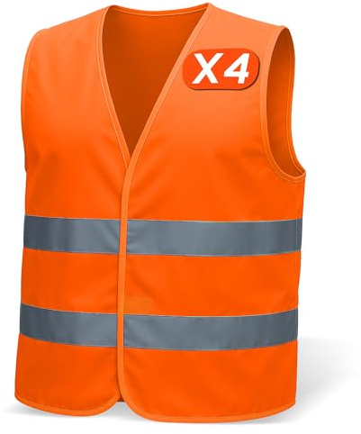 Set de 4 chalecos reflectantes para Hombre & Mujer – Cumple con EN ISO 20471 & EN ISO 13688 – Tiras Reflectantes, Ligero & Transpirable – chaleco reflectante moto, chaleco reflectante coche.