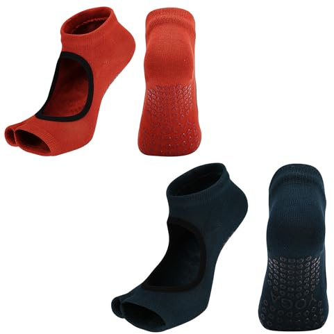 ZLLkeji Chaussettes Antidérapantes Femme Chaussettes Pilates 35-42 Chaussettes Sans Orteil Chaussettes de Sport pour le Pilates, la Barre Au Sol et le Ballet,Yoga 2 Paires