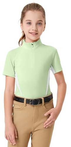 FitsT4 Sports Girls Short Sleeve Equestrian Shirt Quick Dry Horse Riding Shirts Half Zip Horseback Show Shirt Summer Athletic Top Light Green X-Large
