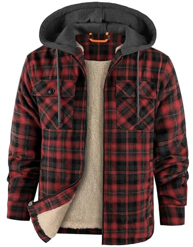 zitysport Chemise pour Homme Sherpa Polaire à Carreaux Doublée Veste à Capuche Doublure Manteau Veste d'hiver avec Poches Flanelle Chemise Hommes Carreaux Sweat Capuche(Rouge Noir Gris M)