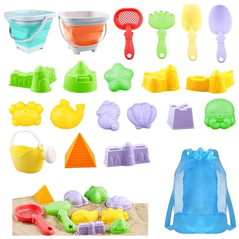 KBIBCK 21 Pcs Beach Sand Toys for Kids, Beach Toys Set for Kids, Sand Pit Toys with Collapsible Bucket and Spade, Storage Mesh Bag, Marine Animal Sand Moulds, Outdoor Toys for Kids Boy Girl Age 3+ (A)
