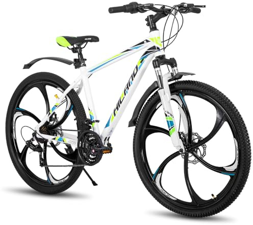 Hiland 26 tums mountainbike för vuxna, aluminiumram, 21 växlar, dubbel skivbroms, 6 ekrhjul, män kvinnor MTB cykel, vit