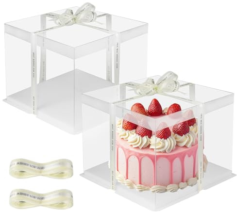 BUCOMTU Confezione da 2 scatole trasparenti per torte, 30 x 30 x 25 cm scatola trasparente per torte con base e nastro, per per compleanni e matrimoni