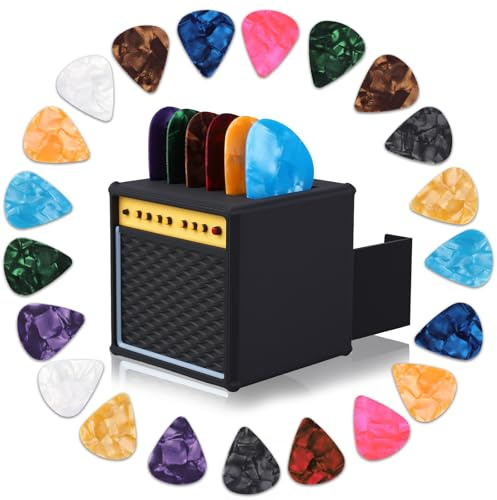 Dexspoeny 22Pcs Guitar Picks Holder Box, Vintage Amp Guitar Pick Holder with 21 Celluloid Guitar Picks, 3D Printed Retro Pick Storage Box & Display Stand for Guitarists and Music Enthusiasts