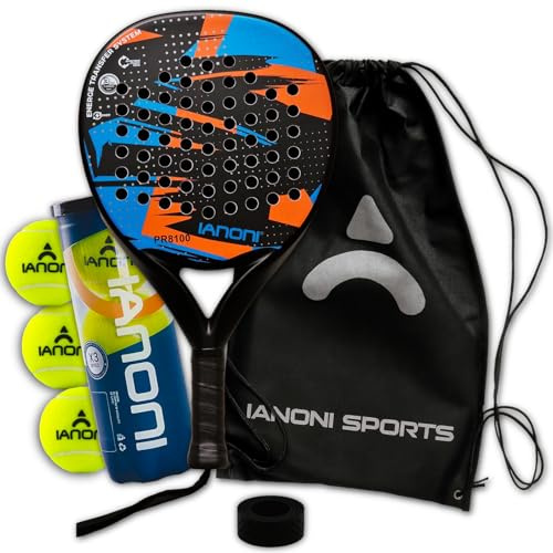 ianoni Padel Racket Carbon Fiber Surface with EVA Memory Flex Foam Core - 8100 Orange Racket + Bag + 3x Pro Padel Balls + Extra grip