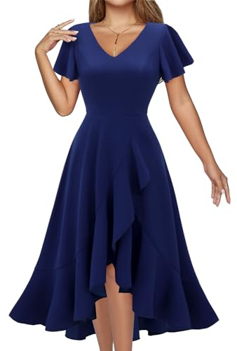 DRESSTELLS Cocktail Dresses for Women UK, Spring Formal Wedding Guest for Bridesmaid Prom Funeral Church Evening Party High Low Split Dress Navy L