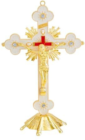 DICOSMETIC Crocifisso in metallo con croce cristiana in piedi, 19,2 x 13 x 1,8 cm, colore bianco dorato, croce da tavolo cattolica con supporto per la decorazione della casa, chiesa, decorazione